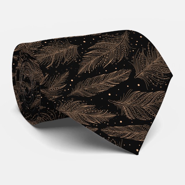 Cravate Motif plume vintage noir beige (Roulé)