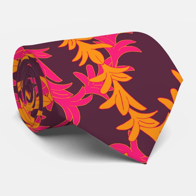 Cravate Motif Plumeria rose Orange Mariage (Roulé)
