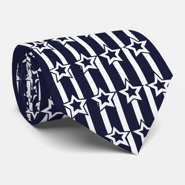 Cravate Motif Rayures Étoile Bleu Marine Blanc (Roulé)