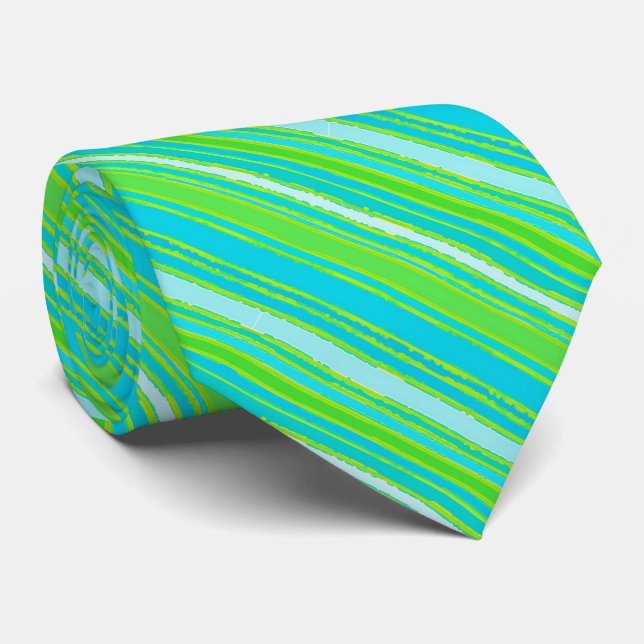 Cravate Motif rayures vert citron aqua turquoise tendance (Roulé)