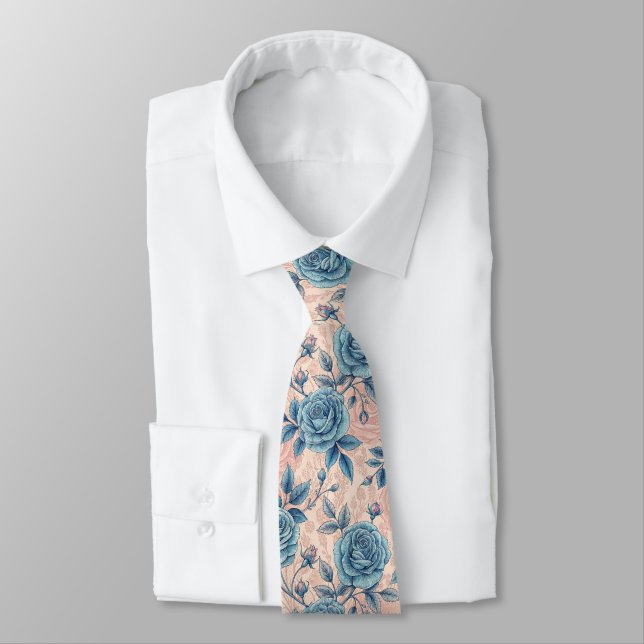 Cravate Motif Rose bleu rétro sur Arrière - plan rose doux (Attaché)