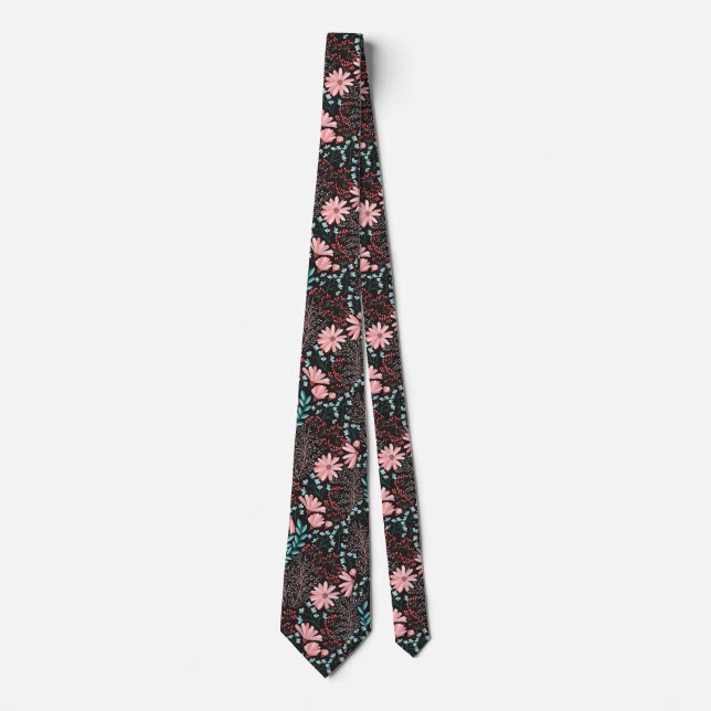 Cravate Motif rose et Turquoise floral foncé (Devant)