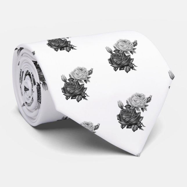 Cravate Motif rose noir et blanc (Roulé)
