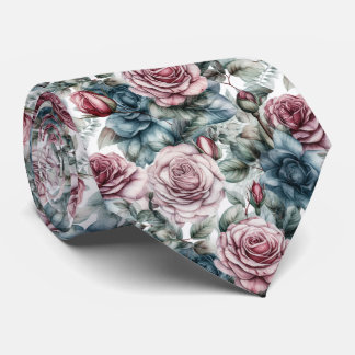 Cravate Motif Rose rose et bleu Dusty