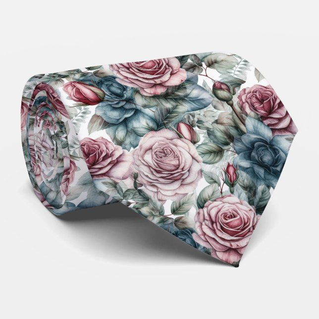 Cravate Motif Rose rose et bleu Dusty (Roulé)