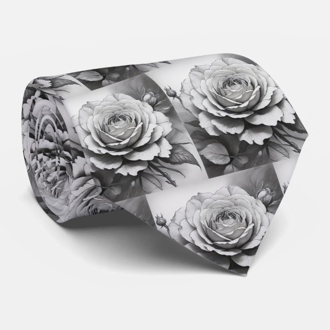 Cravate Motif Roses noir et blanc (Roulé)