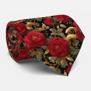 Cravate Motif Roses Rouges et Serpents Dorés