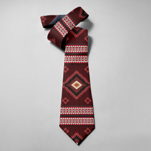 Cravate Motif Rouge Amérindien Géométrie Tribale Indienne