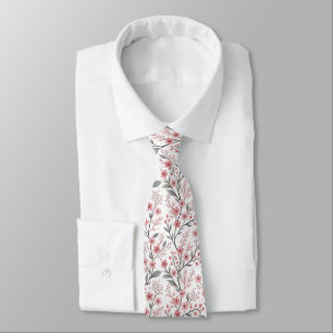 Cravate Motif Sakura en fleurs de cerises roses sur blanc 