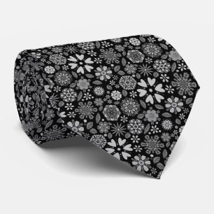 Cravate Motif sans couture d'art floral rétro noir et gris