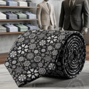Cravate Motif sans couture d'art floral rétro noir et gris