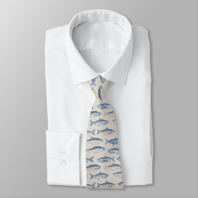 Cravate Motif sans couture de poissons dessinés à la main  (Attaché)