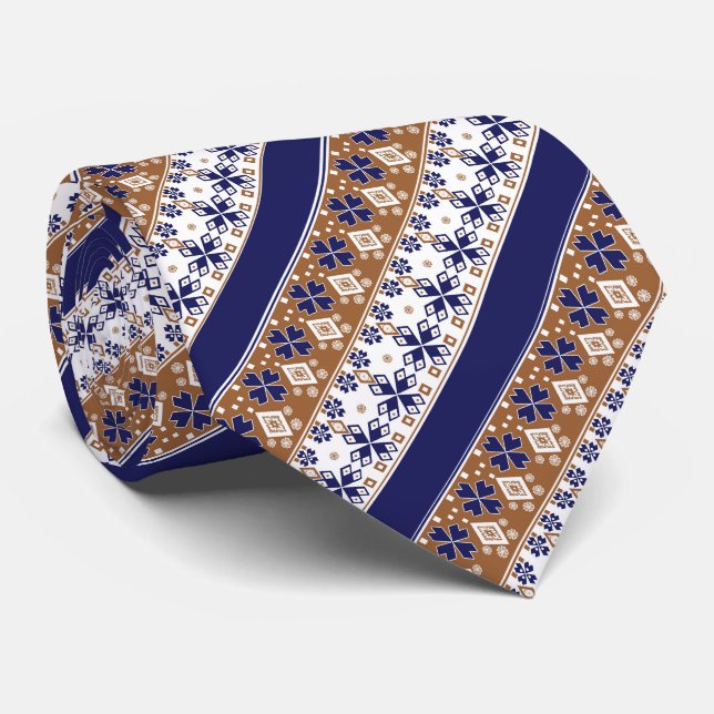 Cravate Motif scandinave rayé brun bleu (Roulé)