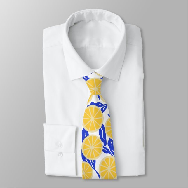 Cravate Motif Simples Tranches de Citron Bleu Botanique (Attaché)