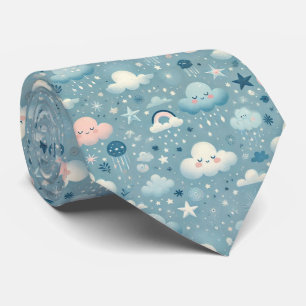 Cravate Motif Sky Whimsical avec nuages, étoiles - Bleu