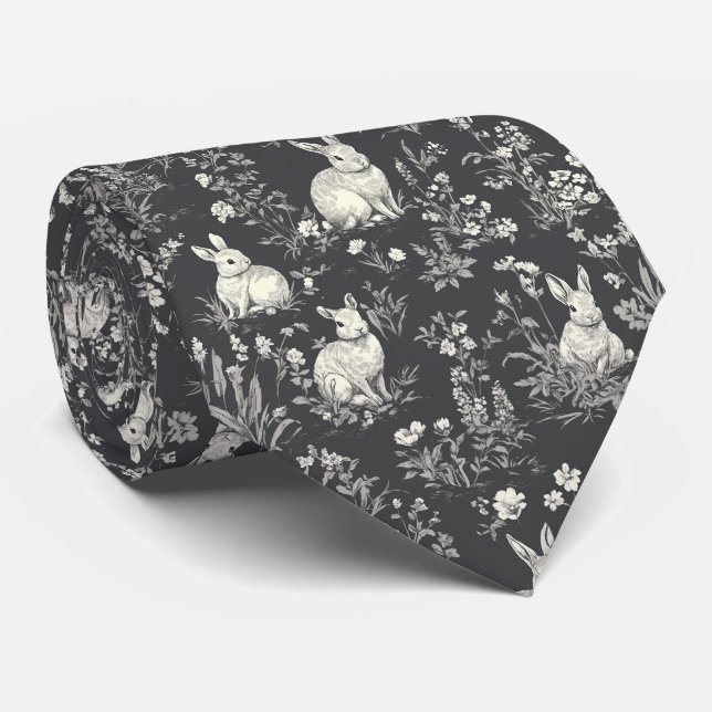 Cravate Motif Toile Botanique Lapin Noir Rustique (Roulé)