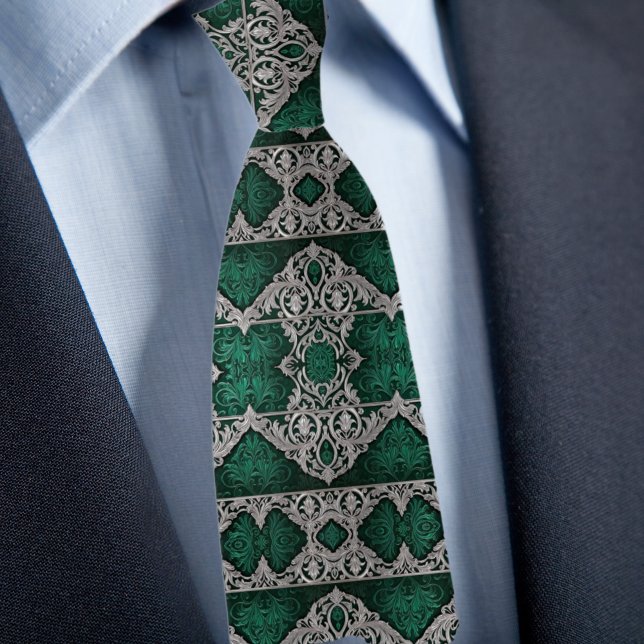 Cravate Motif Traditionnel Formel Argent et Émeraude (Créateur téléchargé)