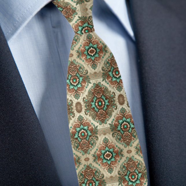 Cravate Motif Traditionnel Formel Crème Cuivre Turquoise (Créateur téléchargé)