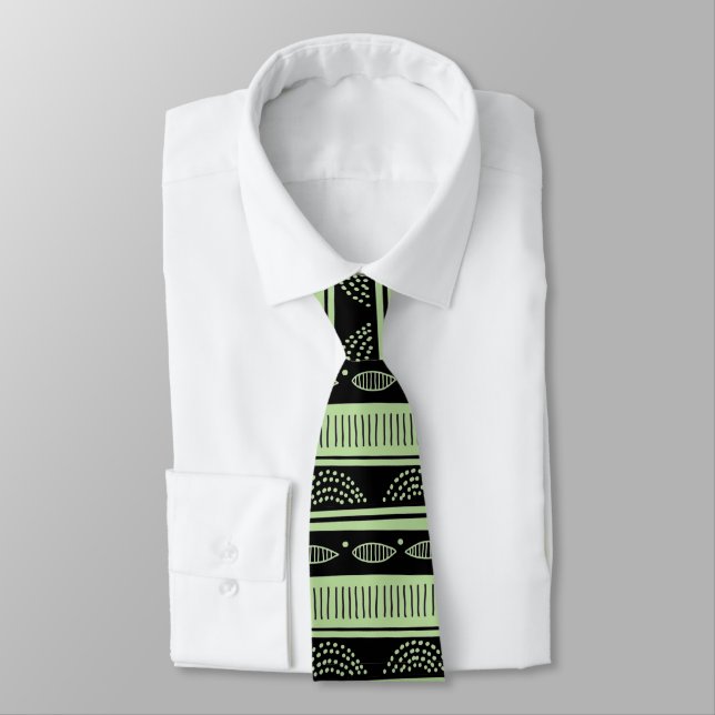 Cravate Motif tribal noir sur vert menthe (Attaché)