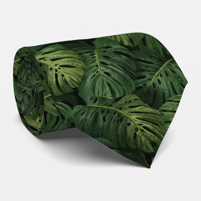 Cravate Motif Tropical à Feuille de Monstera (Roulé)
