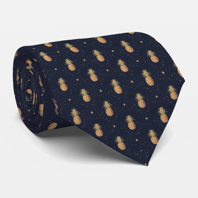 Cravate Motif Tropical au Pineapple Doré sur Fond Nuit (Roulé)