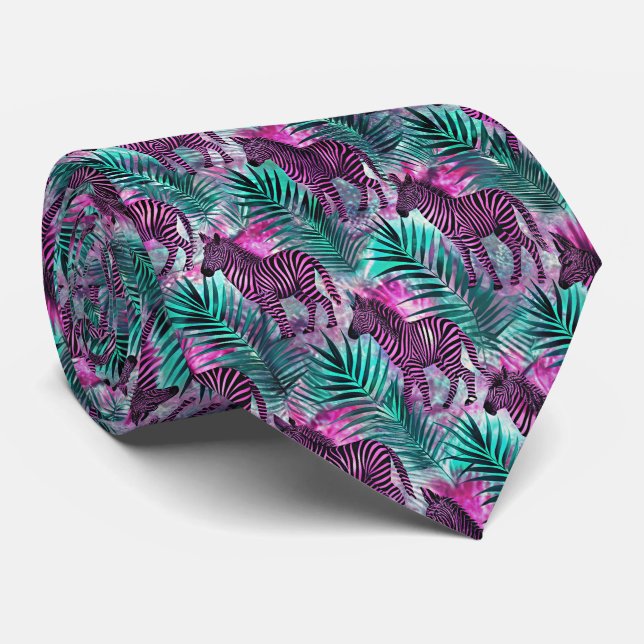Cravate Motif Tropical Jungle Zèbre Rose (Roulé)