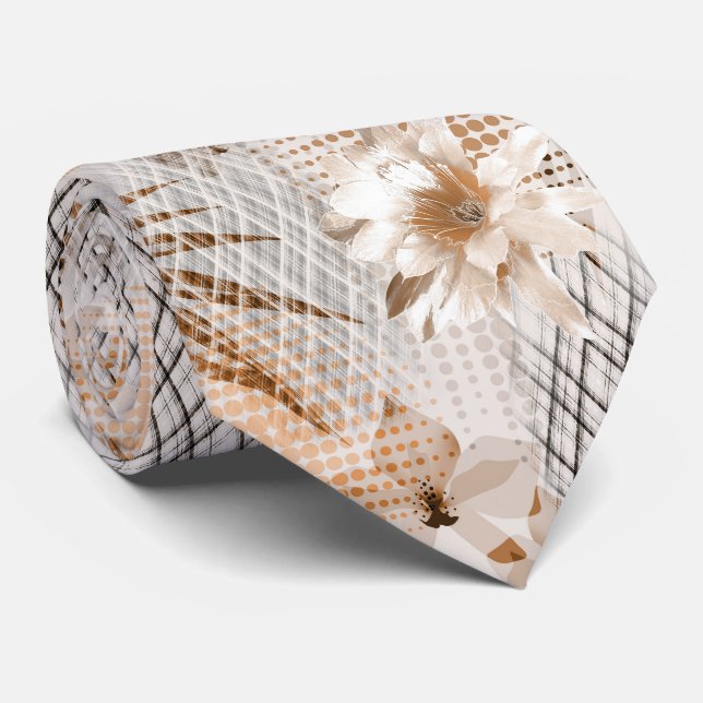 Cravate Motif tropicale grise, beige. (Roulé)