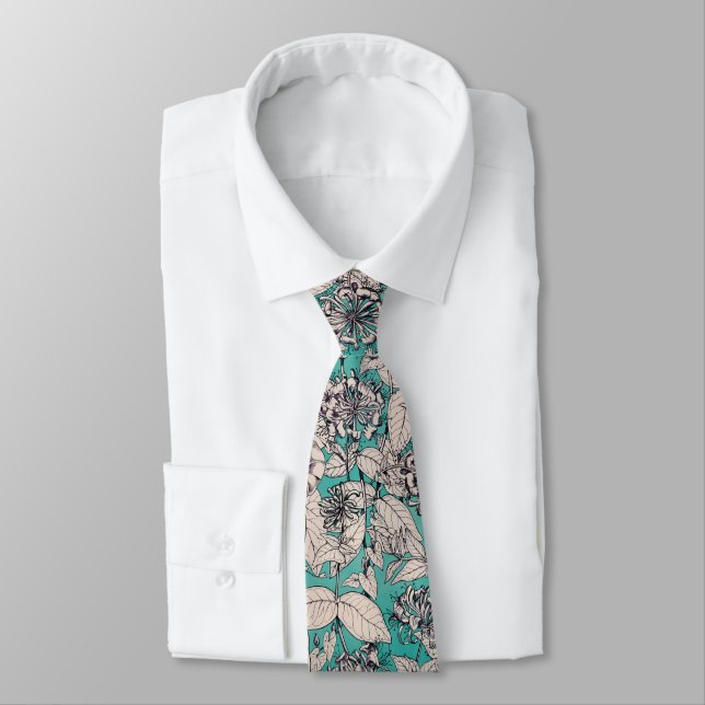 Cravate Motif turquoise de fleurs graphiques blanches (Attaché)