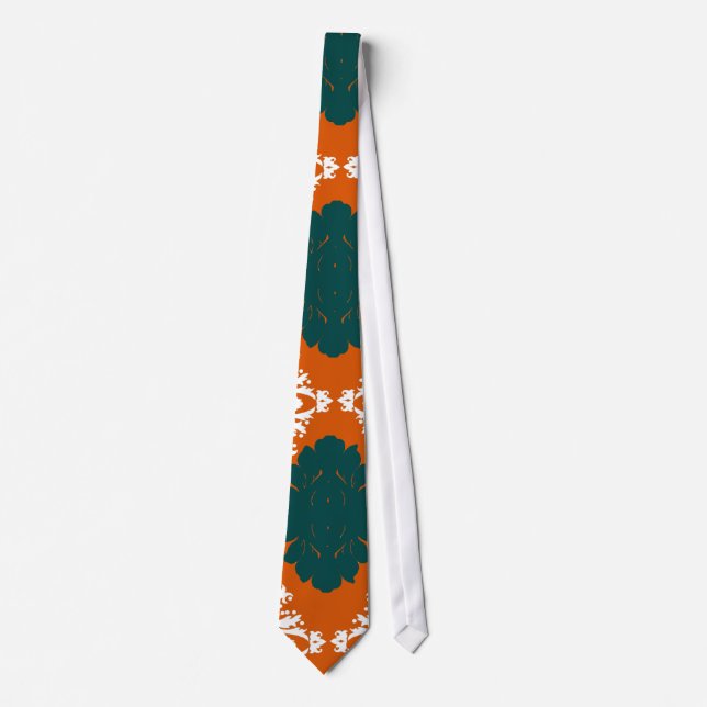 Cravate motif turquoise orange blanc damassé (Devant)