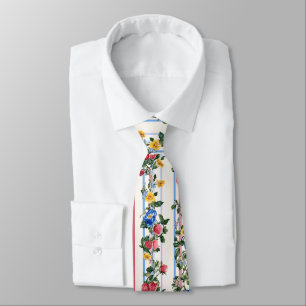 Cravate Motif vintage à rayures florales fraises verticale