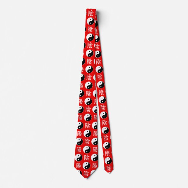 Cravate Motif Yinyang chinois sur fond rouge (Devant)