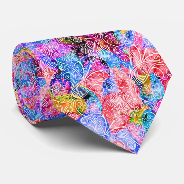 Cravate Motifs de fleurs blanches colorés mignons (Roulé)