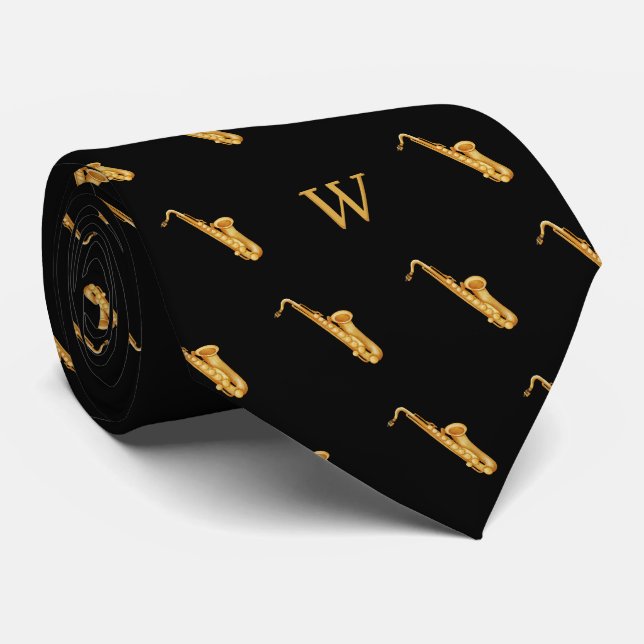 Cravate Musique Jazz Saxophone Aquarelle Noir Monogrammé (Roulé)