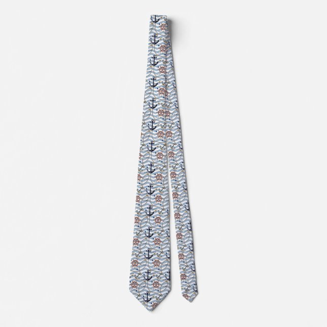 Cravate Nautical anchor rudder blue white stripe zigzag (Devant)