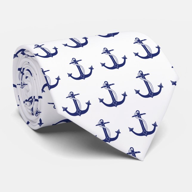 Cravate Nautical Navy Blue Anchor Pattern (Roulé)
