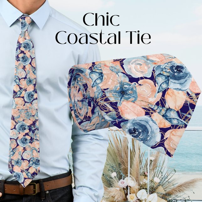 Cravate Nautique Mariage Beach Sea Shell Floral Navy Bleu (Créateur téléchargé)