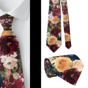Cravate Navy Blue, Gold Yellow, Pink Wine Floral Neck Tie