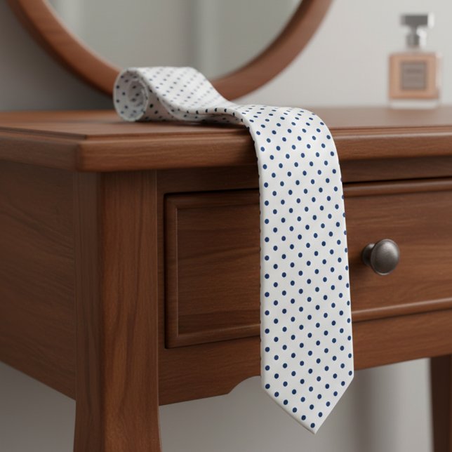 Cravate Navy Blue Mini Polka Dot Pattern on White  (Créateur téléchargé)