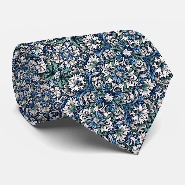 Cravate Navy Blue, Royal Blue, Forest Green... Floral (Roulé)
