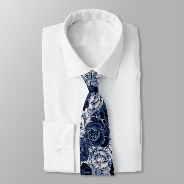 Cravate Navy Blue White Cascading Peonies Wedding  (Attaché)