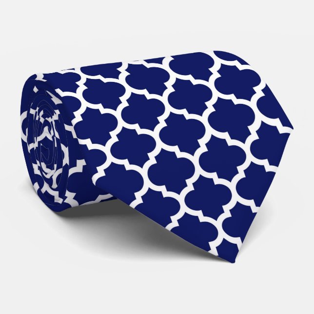 Cravate Navy Blue White Moroccan Quatrefoil Pattern #5 (Roulé)
