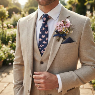 Cravate Navy Cerisier Fleur Rose Pâle Sakura Floral