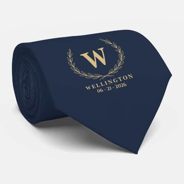 Cravate Navy Champagne Gold Laurel Monogramme Date de Mari (Roulé)