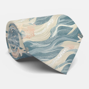 Cravate Navy Élégant Vagues Côtières Dorées Étoile de Mer