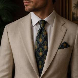 Cravate Navy Golden Pineapple Vintage Tropical