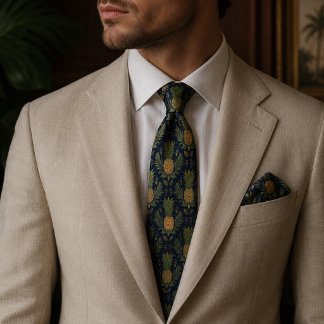 Cravate Navy Golden Pineapple Vintage Tropical
