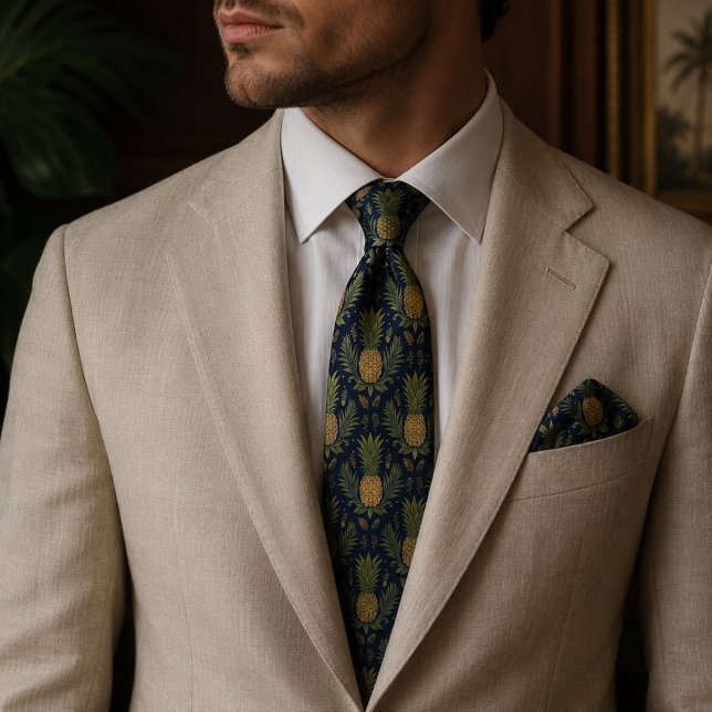 Cravate Navy Golden Pineapple Vintage Tropical (Créateur téléchargé)