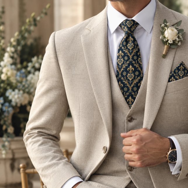 Cravate Navy Or Fleur de Lis Baroque Damassé (Créateur téléchargé)