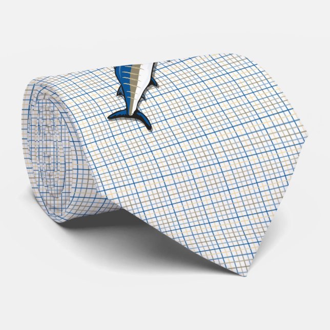 Cravate Necktie - Blue Marlin sur Plaid (Roulé)