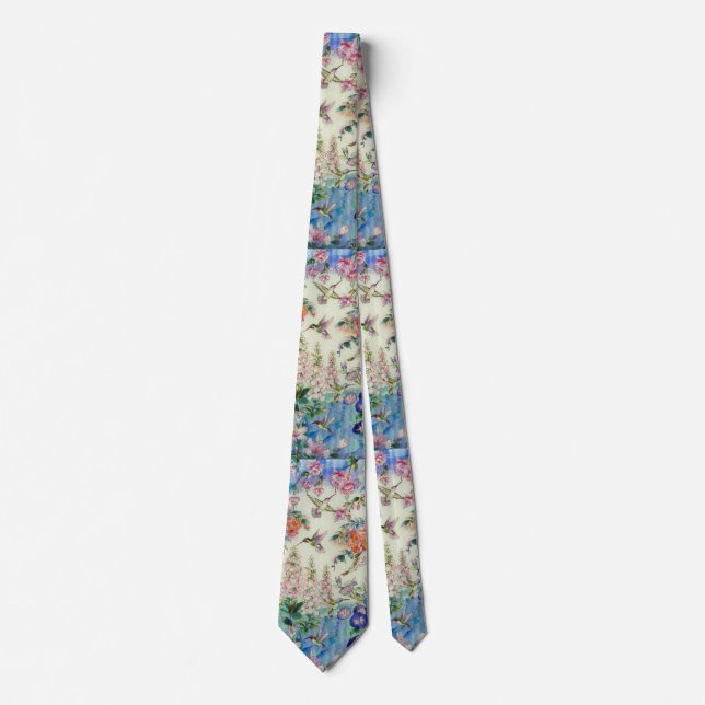 Cravate Necktie HUMMINGBIRD et Fleurs roses (Devant)
